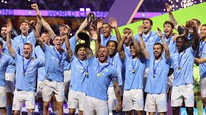 Manchester City players celebrating the team's club world cup trophy after victory against Fluminense in Saudi Arabia 